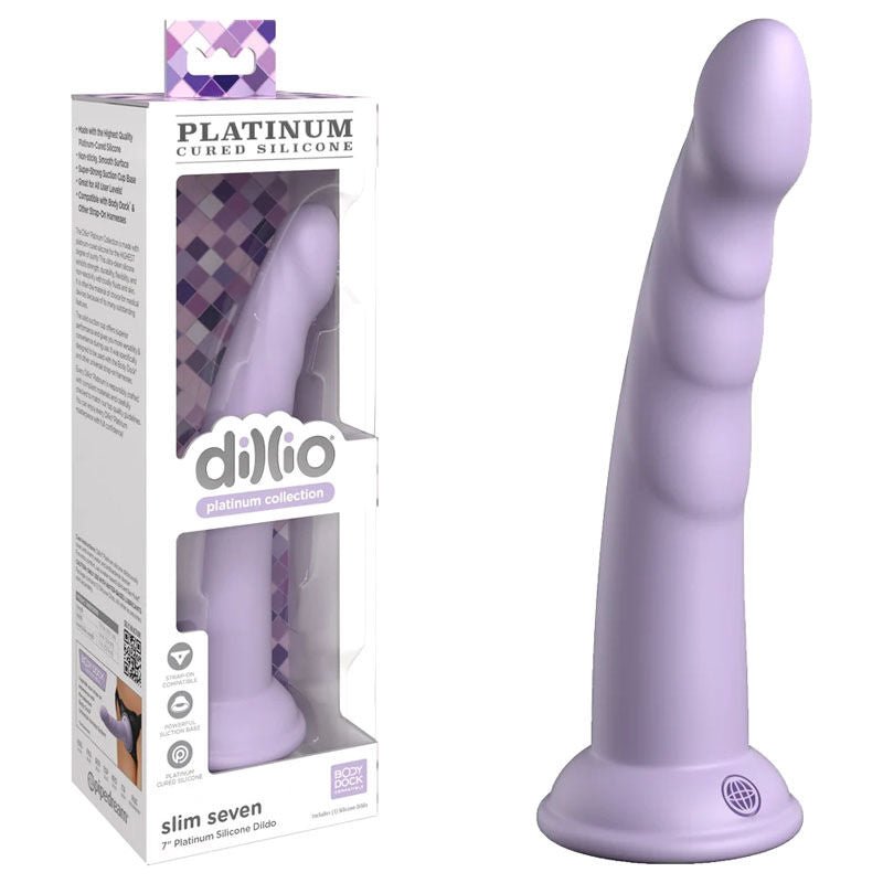 Dillio - platinum slim seven 7 dildo - Purple - Product front view and box front view | Flirtybay.com.au