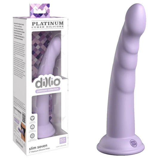 Dillio - platinum slim seven 7 dildo - Purple - Product front view and box front view | Flirtybay.com.au
