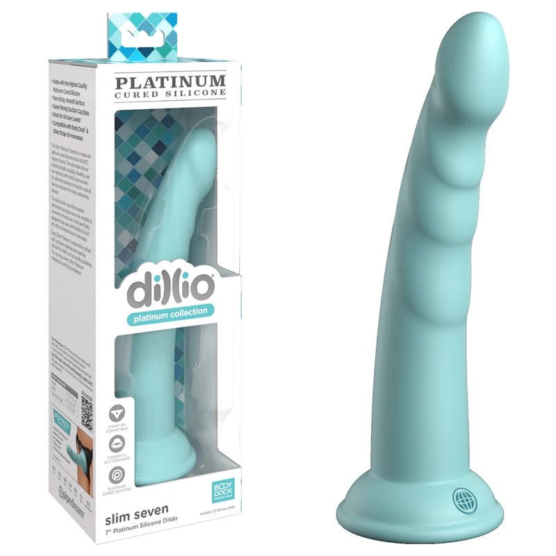 Dillio - platinum slim seven 7 dildo - Teal-Product front view and box front view | Flirtybay.com.au