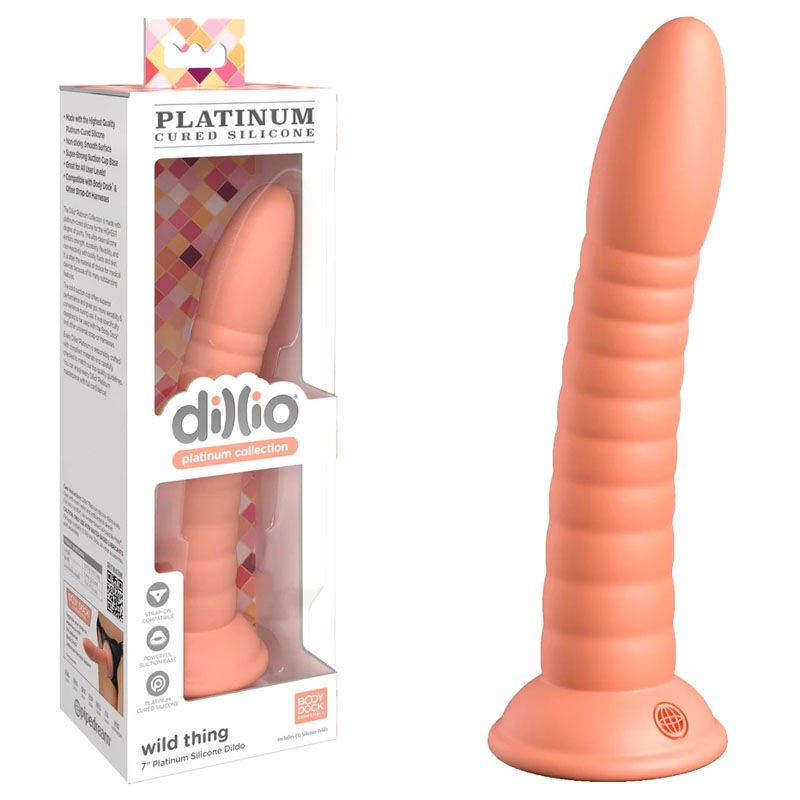 Dillio - platinum wild thing 7" dildo - peach, Product side view and box side view | Flirtybay.com.au