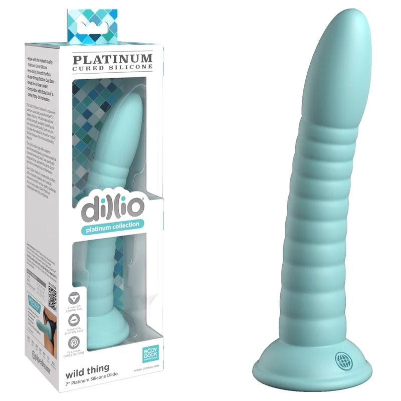 Dillio - platinum wild thing 7" dildo - teal, Product front view and box side view | Flirtybay.com.au