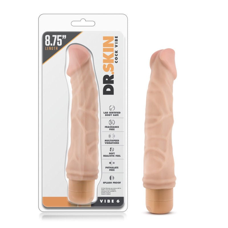 Dr. skin - cock vibe 6 - 8.5 dildo - Product front view and box front view | Flirtybay.com.au