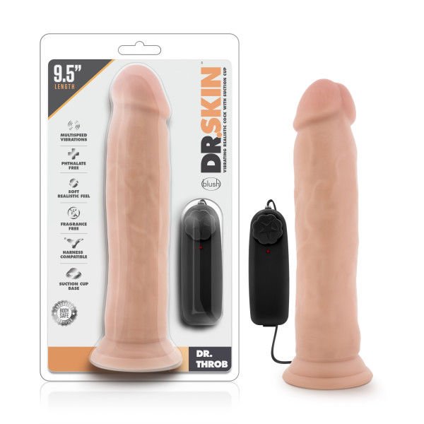 Dr. skin - dr. throb - 8.5 vibrating dildo - Product front view and box front view | Flirtybay.com.au