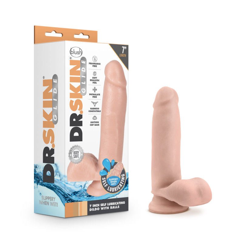 Dr. skin - glide 7 self lubricating dildo - Product front view and box front view | Flirtybay.com.au