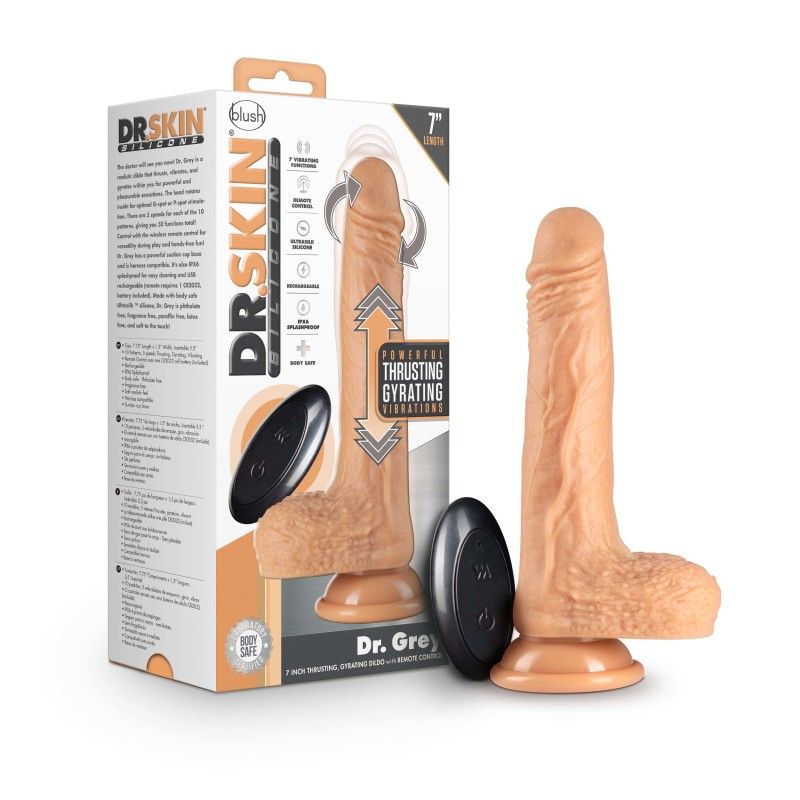 Dr. skin - silicone dr. grey -  5.5 vibrating dildo - Product front view and box front view | Flirtybay.com.au