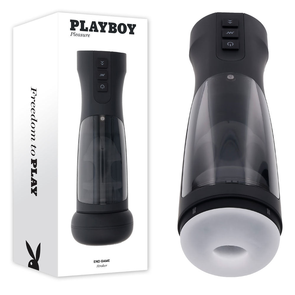 Front view of the Playboy Pleasure End Game vibrating stroker with packaging on a clean white background | Flirty Bay adult store Perth