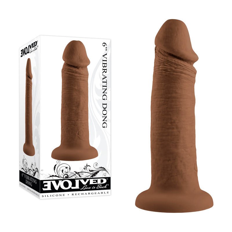 Evolved 6" Vibrating dildo, brown, front view and box view | Flirtybay.com.au
