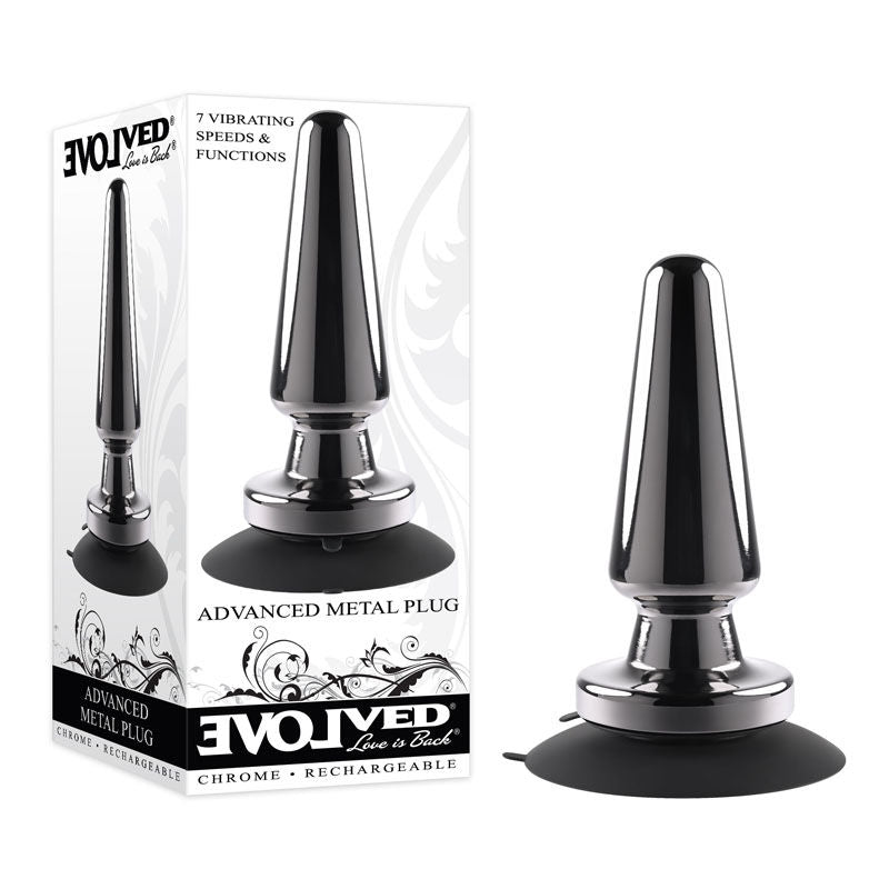 Evolved - advanced vibrating metal plug - Product front view and box front view | Flirtybay.com.au