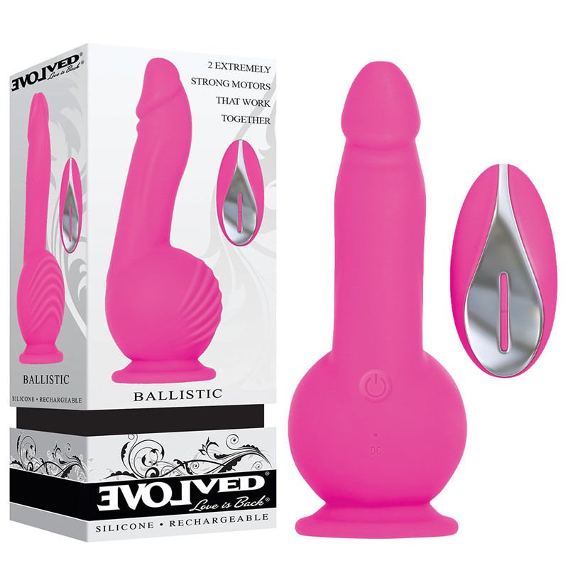 Evolved - ballistic vibrating dildo - Product front view and box front view | Flirtybay.com.au