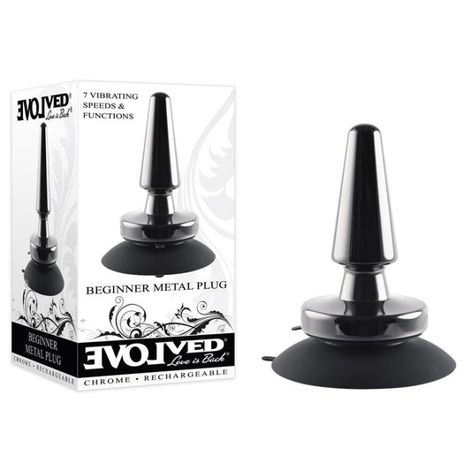 Evolved - beginner metal butt plug - Product front view and box front view | Flirtybay.com.au