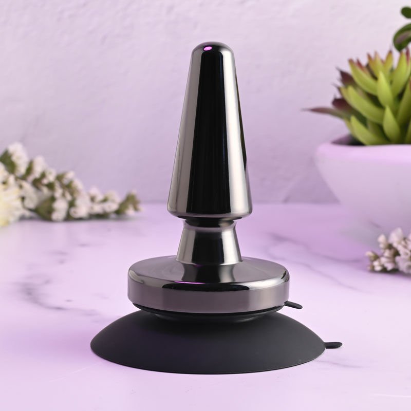 Evolved - beginner metal butt plug - Product front view, on the suction cup  | Flirtybay.com.au