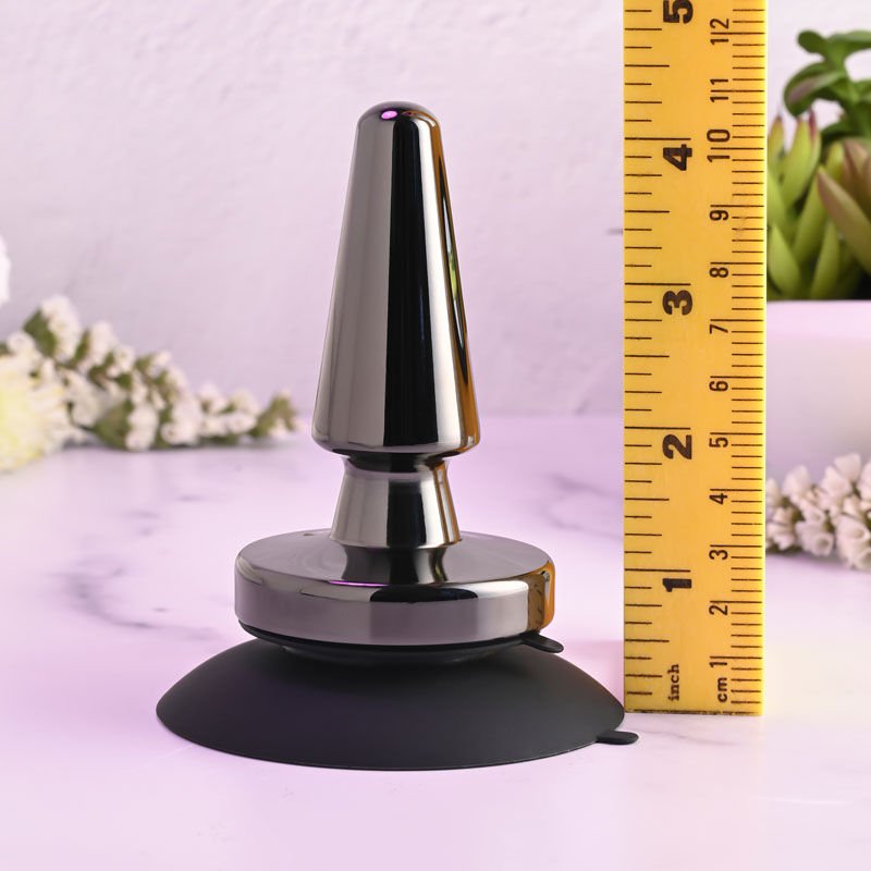 Evolved - beginner metal butt plug - Product front view, with sizes  | Flirtybay.com.au