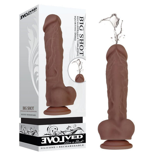 Evolved Big Shot 8" ejaculatin dildo, tan, front view and box view | Flirtybay.com.au