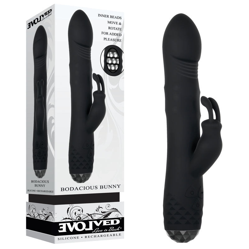 Evolved - bodacious rabbit vibrator - Product front view and box front view | Flirtybay.com.au