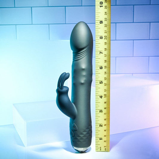 Evolved - bodacious rabbit vibrator - Product side view, with sizes  | Flirtybay.com.au