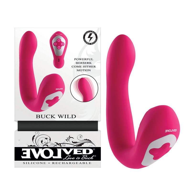 Evolved - buck wild g-spot and clitoral stimulator - Product front view and box front view | Flirtybay.com.au