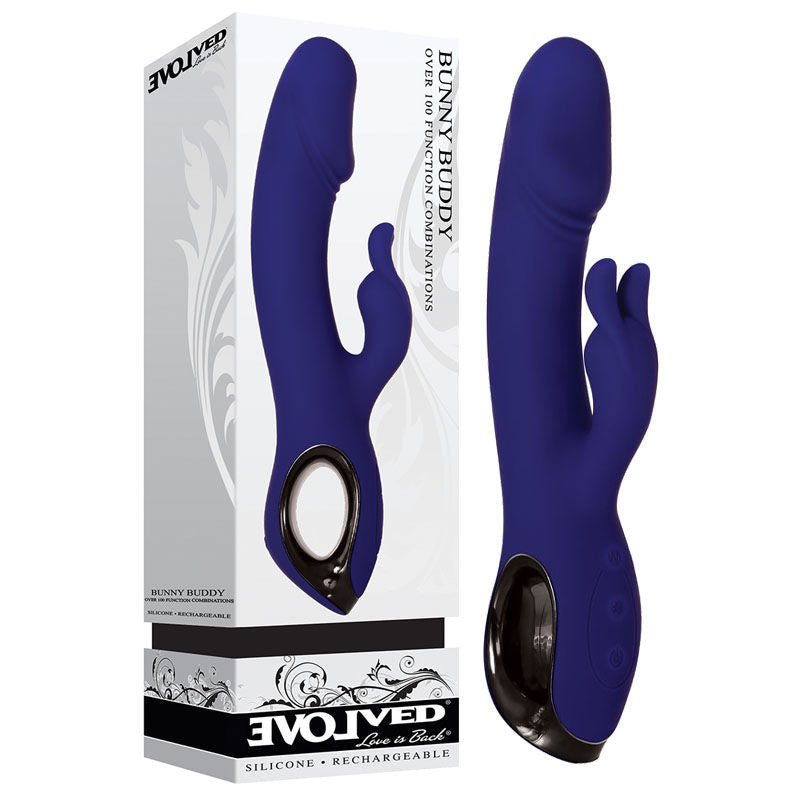 Evolved - bunny buddy - rabbit vibrator - Product front view and box front view | Flirtybay.com.au