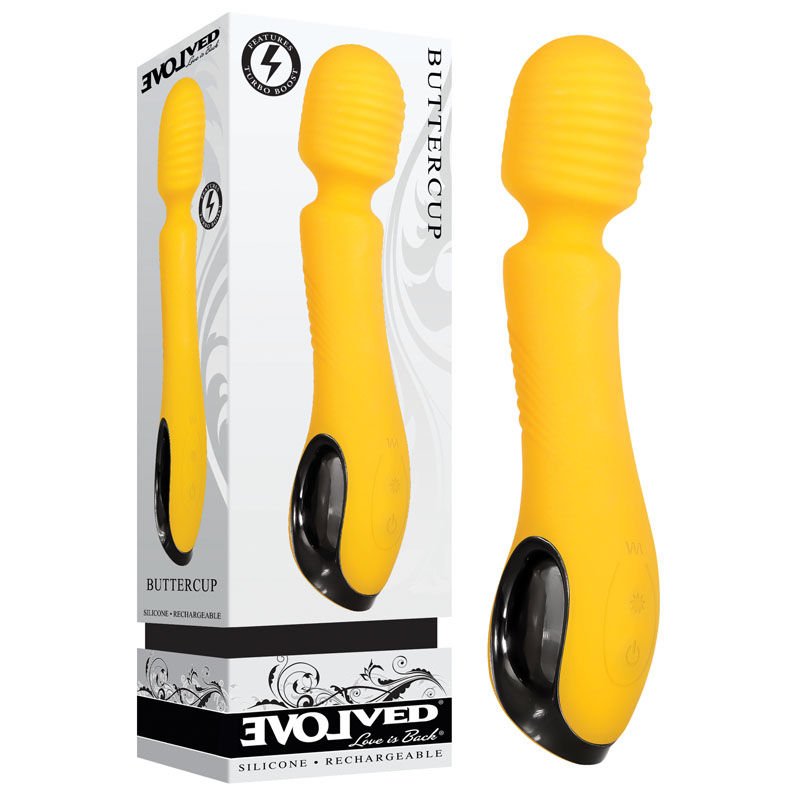 Evolved - buttercup - vibrating wand - Product front view and box front view | Flirtybay.com.au