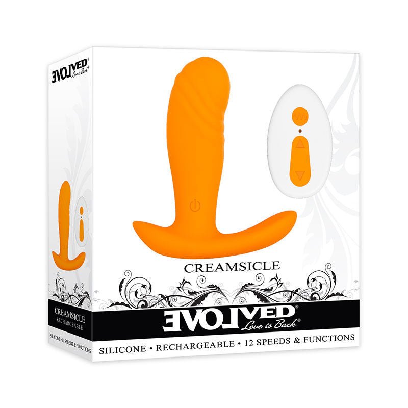 Evolved - creamsicle - remote control prostate massager -  box front view | Flirtybay.com.au