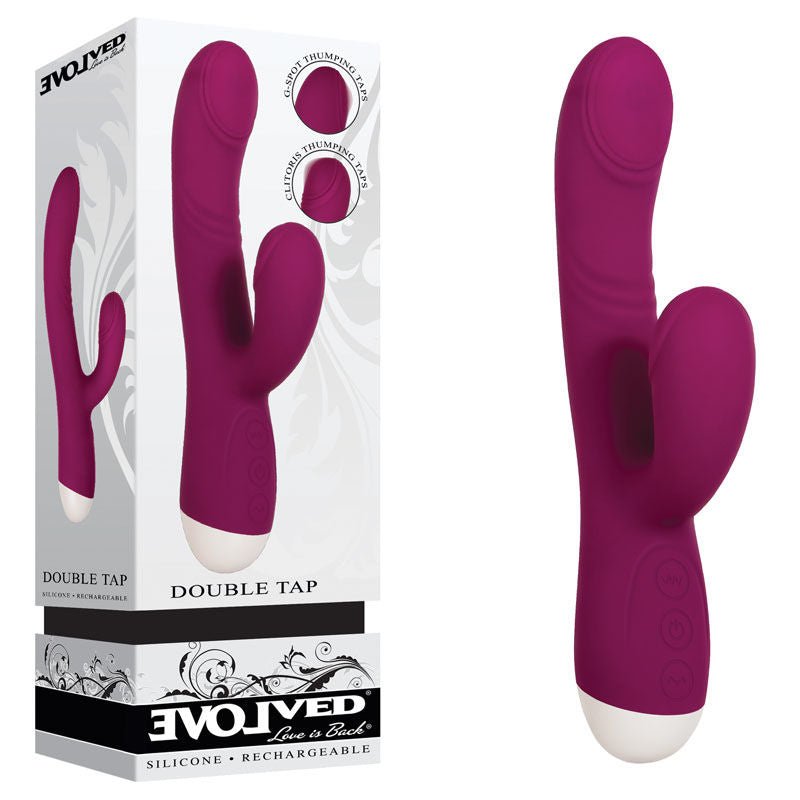Evolved - double tap - rabbit vibrator - Product front view and box front view | Flirtybay.com.au