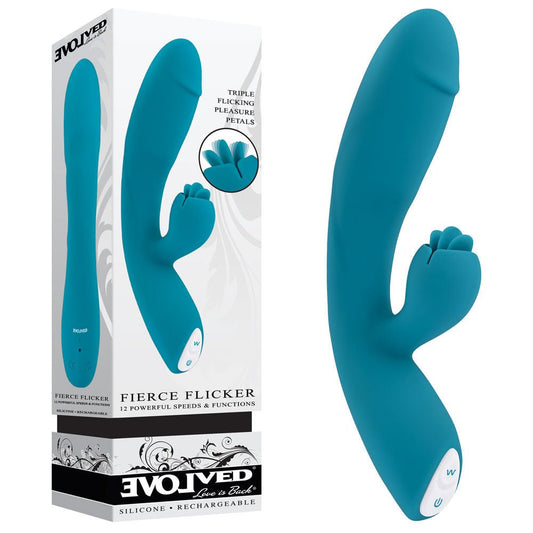Evolved - fierce flicker - rabbit vibrator - Product front view and box front view | Flirtybay.com.au