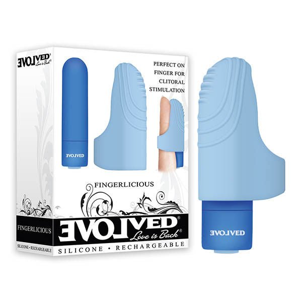 Evolved - fingerlicious finger vibrator - Product front view and box front view | Flirtybay.com.au