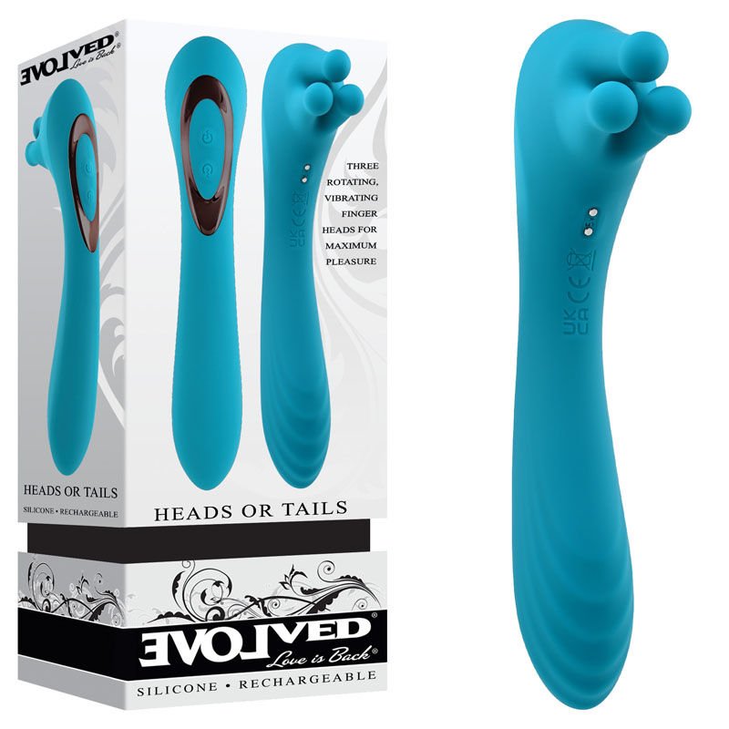 Evolved - heads or tails - g-spot and clitoral vibrator - Product front view and box front view | Flirtybay.com.au