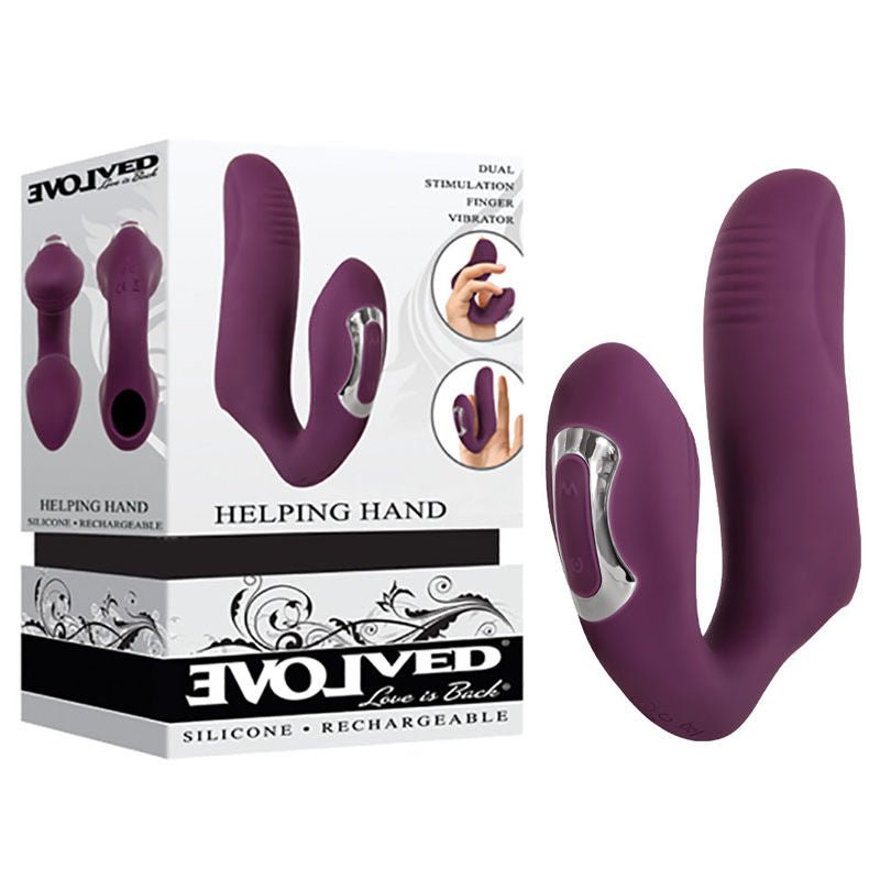 Evolved - helping hand finger vibrator - Product front view and box front view | Flirtybay.com.au