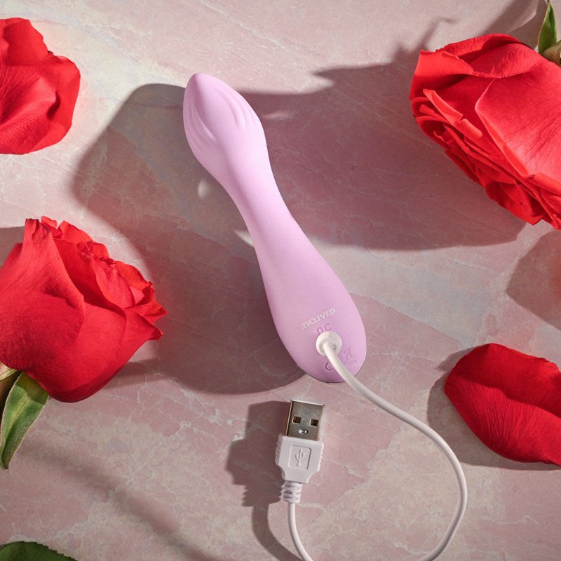 Evolved -  lilac g - g-spot and clitoral vibrator - Product top view, focus on charger  | Flirtybay.com.au