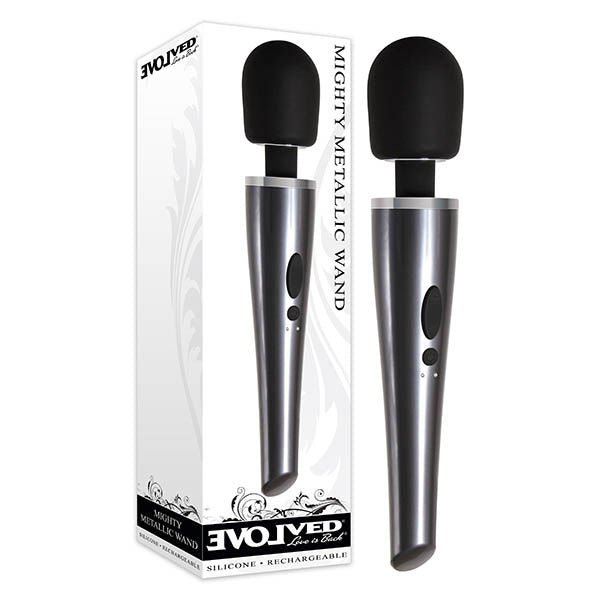 Evolved - mighty metallic - vibrating wand - Product front view and box front view | Flirtybay.com.au