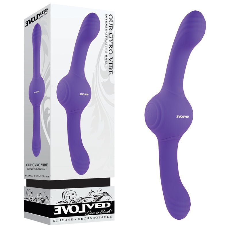 Evolved - our gyro vibe - vibrating double-ended dildo - Product front view and box front view | Flirtybay.com.au