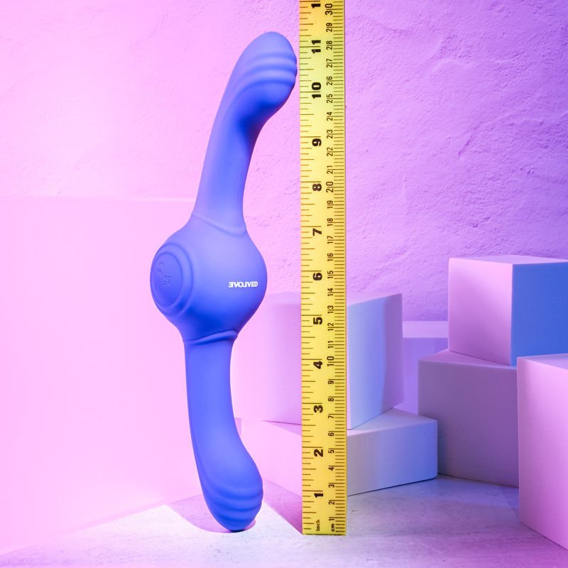 Evolved - our gyro vibe - vibrating double-ended dildo - Product side view, with sizes  | Flirtybay.com.au