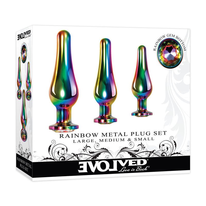 Evolved - rainbow metal butt plug set -  box front view | Flirtybay.com.au