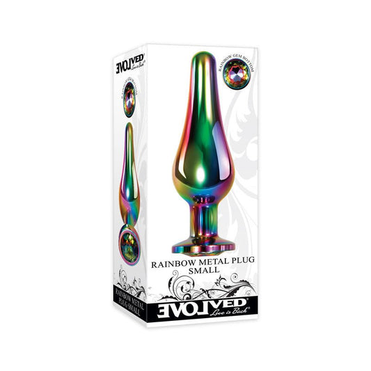 Evolved Rainbow Metal Butt Plug Size S verticla box view | Flirtybay.com.au
