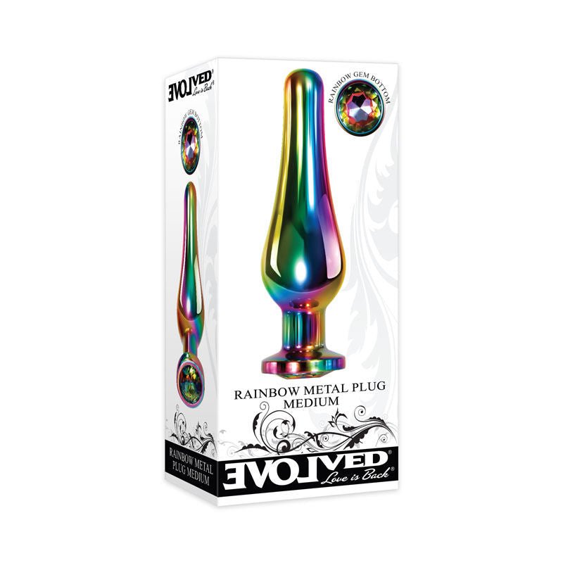 Evolved Rainbow Metal Butt Plug Size M verticla box view | Flirtybay.com.au