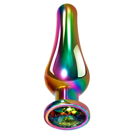 Evolved Rainbow Metal Butt Plug Size M verticla product view | Flirtybay.com.au