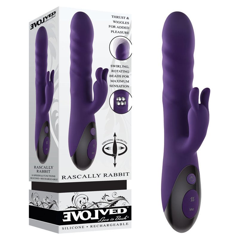 Evolved - rascally rabbit vibrator - Product front view and box front view | Flirtybay.com.au