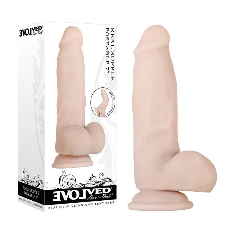 Evolved - real supple poseable 7 dildo - Product front view and box front view | Flirtybay.com.au