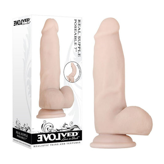 Evolved - real supple poseable 7 dildo - Product front view and box front view | Flirtybay.com.au