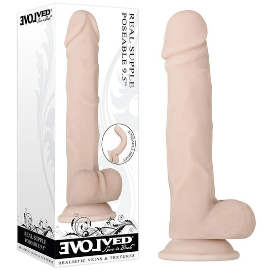 Evolved - real supple poseable 9.5 dildo - Product front view and box front view | Flirtybay.com.au