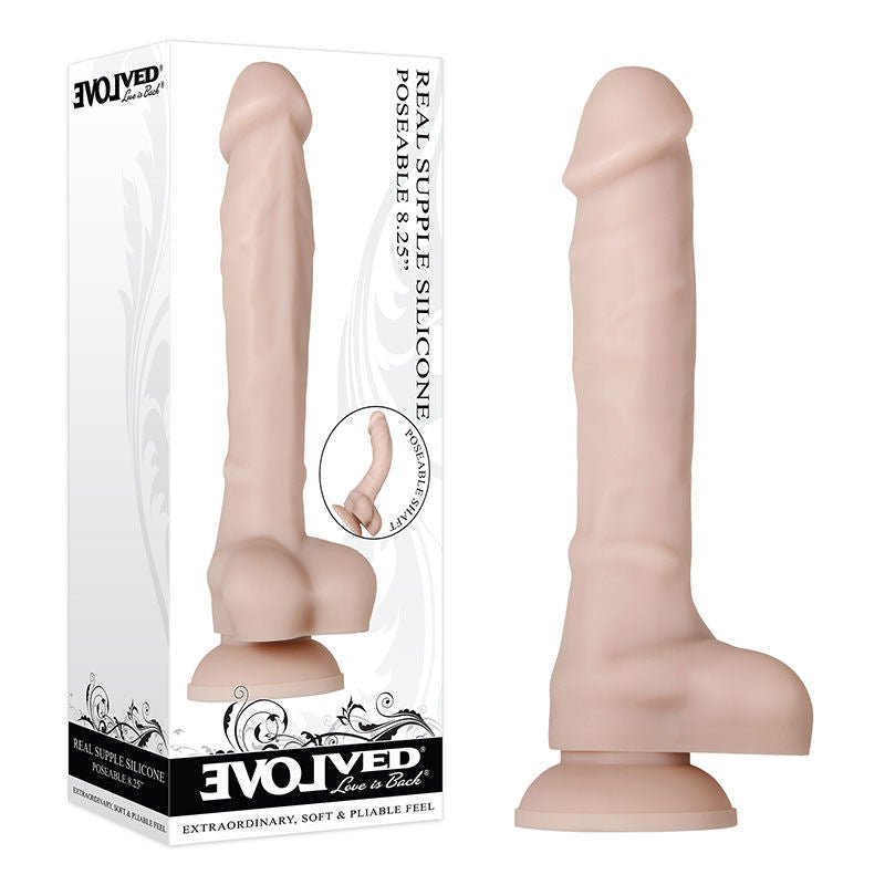 Evolved - real supple silicone poseable 8.25 dildo - Product front view and box front view | Flirtybay.com.au