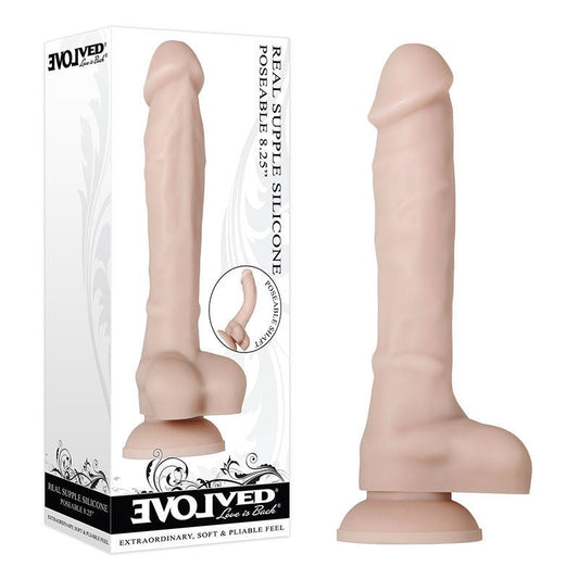 Evolved - real supple silicone poseable 8.25 dildo - Product front view and box front view | Flirtybay.com.au