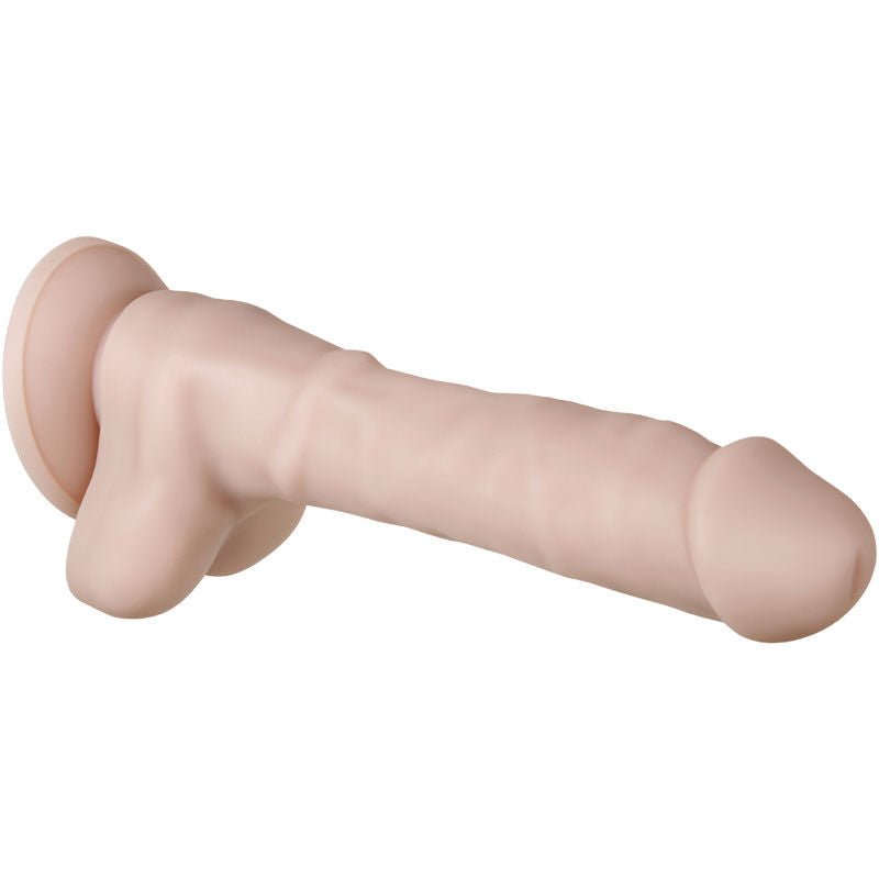 Evolved - real supple silicone poseable 8.25 dildo - Product side view, focus on suction cup | Flirtybay.com.au