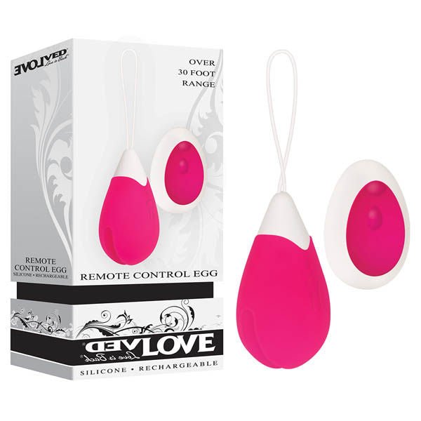Evolved - remote control vibrating egg - Product front view and box front view | Flirtybay.com.au
