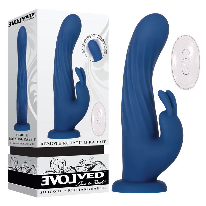 Evolved - remote rotating rabbit vibrator - Product front view and box front view | Flirtybay.com.au