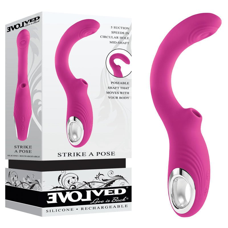 Evolved - strike a pose - g-spot and clitoral suction vibrator - Product front view and box front view | Flirtybay.com.au