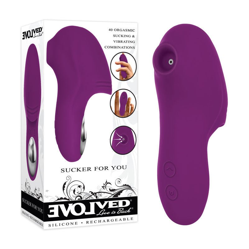 Evolved - sucker for you - suction vibrator - Product side view and box front view | Flirtybay.com.au