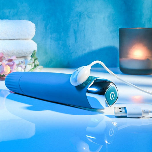 Evolved - super slim - vibrating wand - Product bottom view, focus on charger  | Flirtybay.com.au