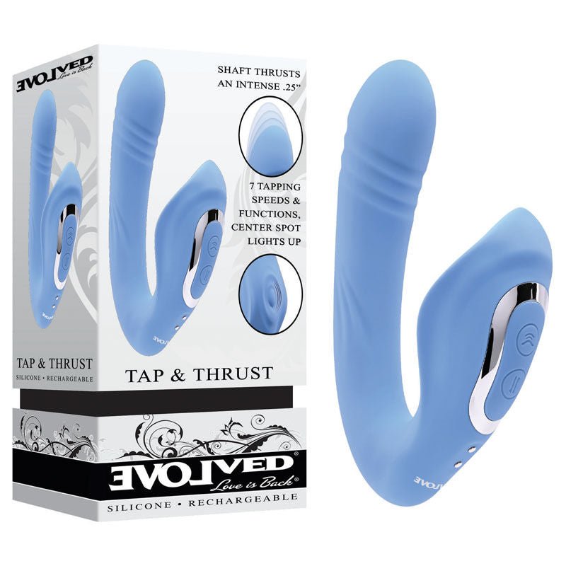 Evolved - tap and thrust -g-spot and clitoral stimulator - Product front view and box front view | Flirtybay.com.au
