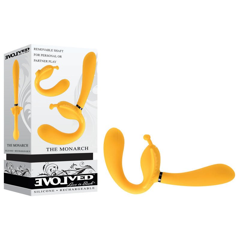 Evolved - the monarch - strapless strap-on vibrator - Product front view and box front view | Flirtybay.com.au